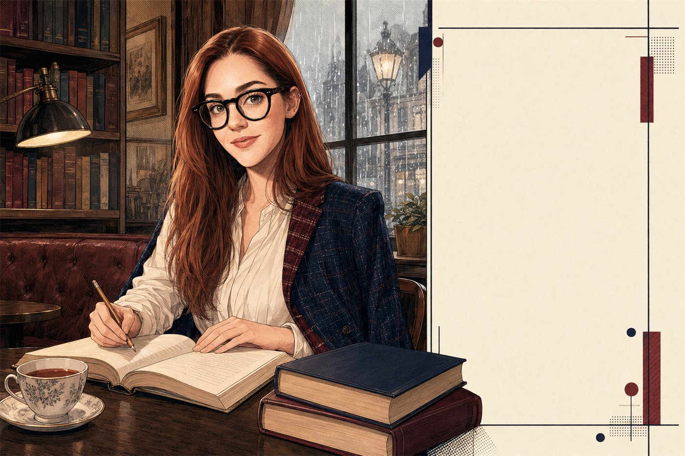 Eleonora scrive su un quaderno in una biblioteca inglese, con una tazza di tè e la pioggia londinese fuori dalla finestra
