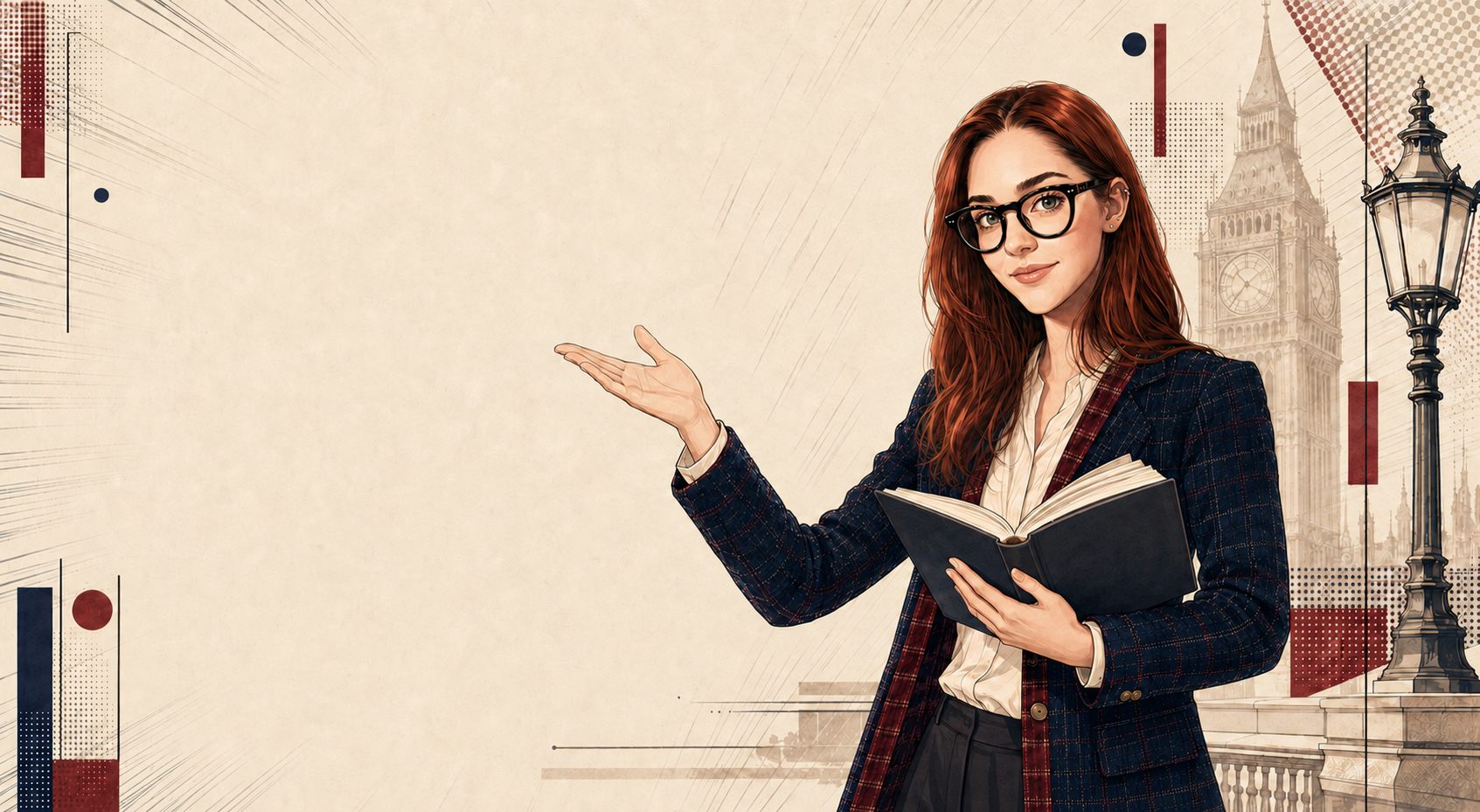 Illustrazione di Eleonora Delnevo con un libro aperto in mano, il Big Ben e un lampione vittoriano sullo sfondo